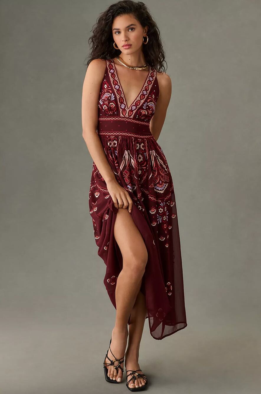Anthropologie V-Neck Deco Midi Dress, EUC, Size XS